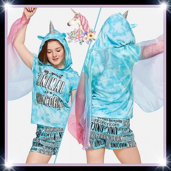 🆕️🆑 Justice Unicorn Pajamas Set Teal Blue Tie Dye Removable Wings Hooded 14/16 - Picture 1 of 5
